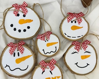 Handmade Wood Slice Snowman Ornaments – Set of 6, Red Gingham Bows