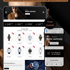 May include: A website design for a luxury watch store, showcasing various watch models. The site displays a selection of dress watches, with a mobile view on the right. The design includes the text "Free Shipping On All Orders" and "Free Install".