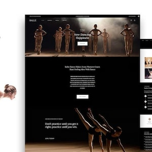 May include: A website design for a dance studio, featuring a ballet dancer in a leotard and a group of dancers on a stage. The website's theme is black and white, with the text "BALLE" and "Dance Studio Shopify Theme".