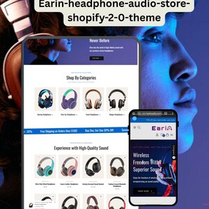 Può includere: Un tablet e uno smartphone mostrano un sito web di e-commerce di cuffie. Il sito web presenta vari tipi di cuffie, inclusi modelli da gioco e over-ear. Il testo "Wireless Freedom With Superior Sound" è visibile.