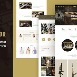 May include: A website design for a weapon store, featuring a dark brown and gold color scheme. The design includes images of firearms, ammunition, and website mockups. The text "CALIBR WEAPON STORE SHOPIFY THEME" is displayed.
