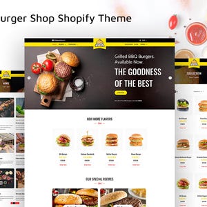 Puede incluir: Diseño de sitio web para un tema de Shopify Burger Shop. El diseño presenta un logotipo, un banner con el texto "Grilled BBQ Burgers Available Now. THE GOODNESS OF THE BEST" e imágenes de hamburguesas e ingredientes.