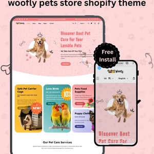 Könnte beinhalten: Digitalpräsentation eines Shopify-Themas für einen Tierladen, die ein Website-Design mit rosa Hintergrund zeigt. Die Website bietet Bereiche für die Tierpflege, darunter sichere Tierkäfige, Liebesvögel und Tiernahrung. Der Text "Discover Best Pet Care For Your Lovable Pets" ist sichtbar.