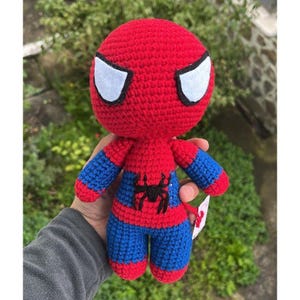 Handmade Crochet Spiderman Doll Amigurumi Red Blue Super Hero 7&quot; Tall Knit