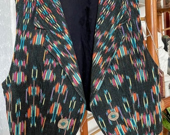 1990s Y2K Boho Southwestern Pattern Vest with Lapels turquoise and silver buttons Size small medium
