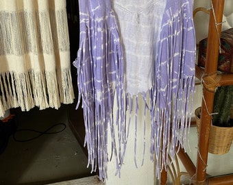 Vintage 1980's / 90's Purple & White Tie Dyed Fringe Boho Vest size Medium