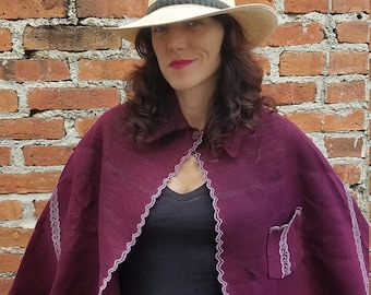 Super Unique Stylish Vintage 1960's Chiapas Mexico Cape Jacket Button Wine with Metallic Thread & Lilac Lavender Embroidery Collar One Size