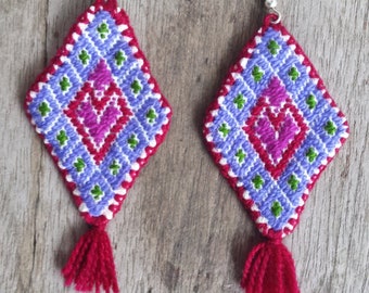 Boho Handmade Embroidered Geometric Ethnic Tassel Fringe Fabric Hand Stitched Earrings Chiapas Mexico