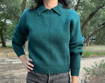 Vintage 1980’s Liz Claiborne LizSport Marled  Teal Wool Shaker Knit Sweater with Fab Details, size medium