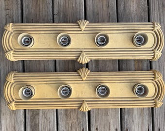 Pair 1980s Art Deco Revival / Hollywood Regency Yellow Cream Four Light Theater Vanity Strips with Molded Shell & Ribbing Details