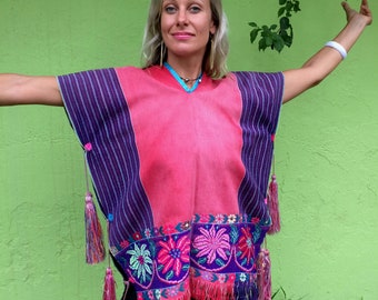 Vintage Colorful Floral & Striped Handmade 80 Year Old Mayan Mexican Poncho Embroidered Cross Stitch with Tassels Metallic Threads Fringe