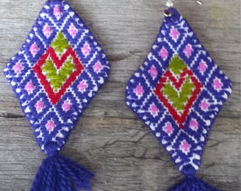 Boho Unique Handmade Mayan Geometric Fabric Tassel Fringe Earrings Hand Stitched made in Chiapas Mexico
