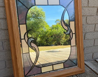 Vintage Super 1980s Art Deco Revival "Stained Glass" Mirror, Faux Oak Wood Frame Wall Decor 80s Accent Piece