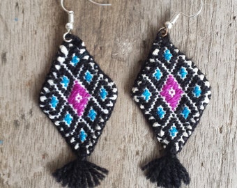 Handmade Mexican Indigenous Mayan Boho Embroidered Unique Geometric Diamond Fabric Stitched Tassel Earrings