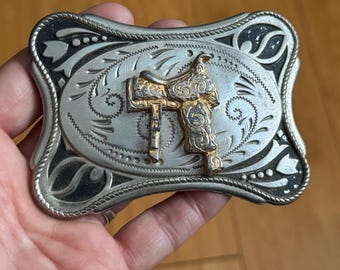 Vintage Western Saddle Belt Buckle – Silver, Black and Gold Tone 3D Engraved Cowboy Buckle – Rodeo Ranch Western Wear