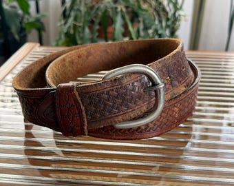 Vintage Western Basketweave Full Grain Leather Belt / Distressed Tooled Brown Cowboy Work Belt / Rustic Workwear