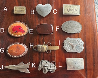 Vintage Belt Buckles 1970s 1980s Western Novelty Jeep Longhorn Razorbacks Pig Levi’s Coca Cola Chainsaw Heart Cowboy Fighter Jet  Choose One