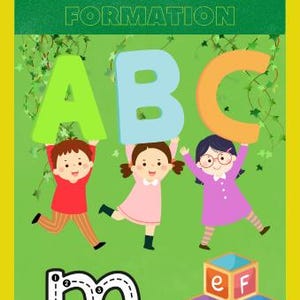 以下が含まれることがあります： 「ALPHABET FORMATION」のテキストが入った、カラフルな教育イラスト。3人の漫画の子供たちが文字A、B、Cを持っています。その下に、文字「m」のトレースガイドとアルファベットブロックが表示されています。背景は緑色です。