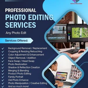Pode incluir: Gráfico promocional para serviços profissionais de edição de fotos. A imagem apresenta um fundo azul escuro com texto branco listando serviços como remoção de fundo, restauração de fotos e edição criativa. Uma pessoa é mostrada trabalhando em um computador com várias telas.