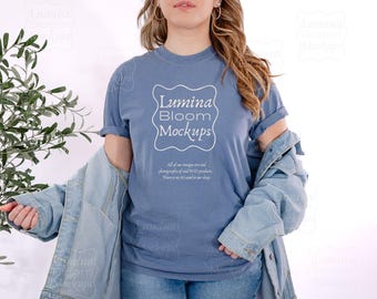 Comfort Colors C1717 Washed Denim Shirt Mockup | Real Photo | Neutral Model | Lifestyle Tee Mockup | Digital Download