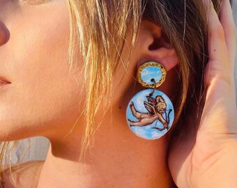 Hand-Painted Galatea Earrings: Raphael Renaissance Art, Wearable Jewelry