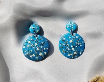 Hand-Painted Almond Blossom Earrings, Van Gogh Inspired Boho Jewelry