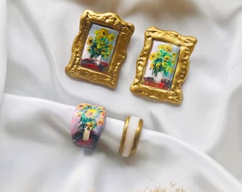 Hand-Painted Claude Monet Sunflowers Earrings & Rings - Boho Art Jewelry