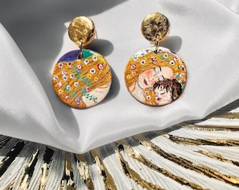 Hand-Painted Klimt Earrings: The Three Ages of Woman, Gold Leaf Art Jewelry