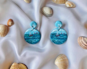 Hand-Painted Van Gogh Seascape Earrings, Polymer Clay Art Jewelry
