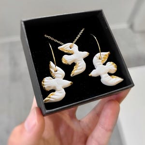 Handmade Seagull Jewelry Set: Polymer Clay Bird Earrings and Necklace