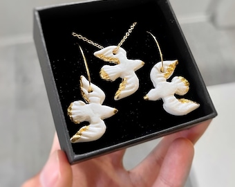 Handmade Polymer Clay Seagull Jewelry Set - Bird Earrings and Necklace