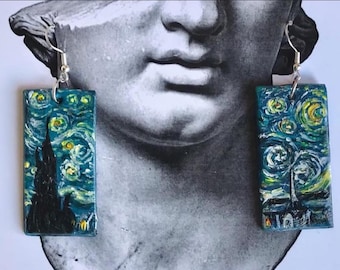 Hand-Painted Van Gogh Starry Night Earrings, Wearable Art Jewelry