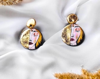 Hand-Painted Klimt Earrings: Golden Tears Art Nouveau Jewelry