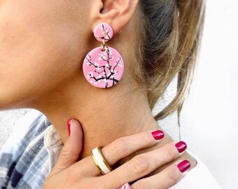 Hand-Painted Almond Blossom Jewelry Set: Van Gogh Inspired Polymer Clay Earrings & Ring
