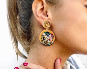 Hand-Painted Klimt 'The Kiss' Earrings, Art Nouveau Jewelry