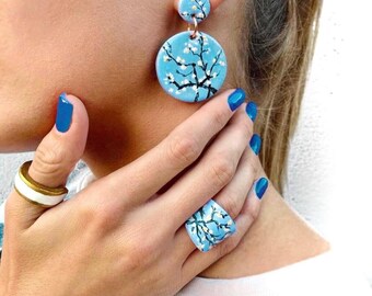 Hand-Painted Almond Blossoms Jewelry Set: Polymer Clay Ring and Earrings