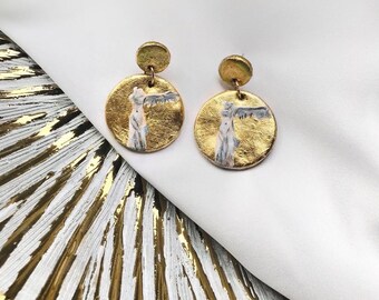 Hand-Painted Winged Victory Earrings: Louvre Statue, Greek Mythology Jewelry