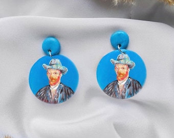 Hand-Painted Van Gogh Earrings: Self-Portrait, Boho Art Jewelry