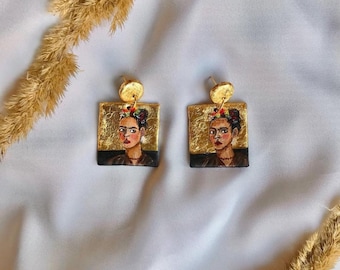 Hand-Painted Frida Kahlo Earrings, Boho Art Jewelry