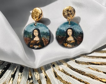 Hand-Painted Mona Lisa Earrings Leonardo da Vinci Art History Jewelry Unique Boho Earrings Statement earrings History teacher gift for her