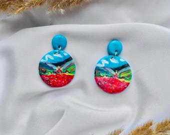 Hand-Painted Kosovo Peonies Earrings, Serbian Art Jewelry