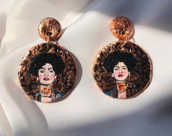 Hand-Painted Gustav Klimt Judith Earrings, Art Lover Jewelry