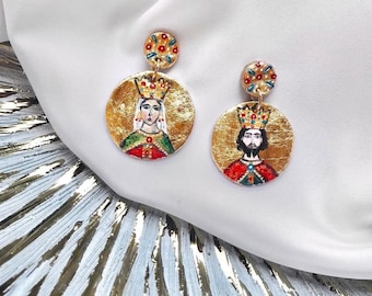 Hand-Painted King Lazar & Queen Milica Earrings, Byzantine Serbian Fresco Art Serbia Nemanjici Sebija