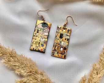 Hand-Painted 'The Kiss' Earrings, Klimt Art Nouveau Jewelry