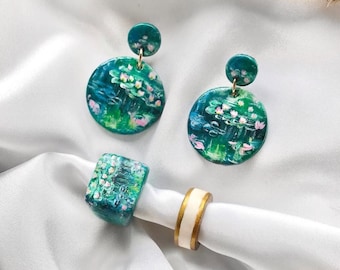 Monet Water Lilies Jewelry Set: Hand-Painted Polymer Clay Earrings and Ring