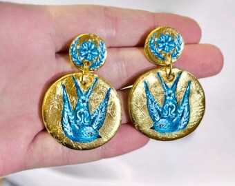 Hand-Painted Blue Bird Earrings, Gold Leaf Slavic Folk Art