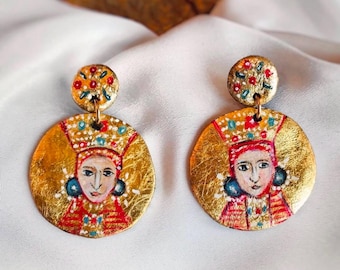Hand-Painted Queen Simonida Earrings Byzantine Fresco Jewelry Serbian Royal Heritage Gift Srbija poklon Nemanjici