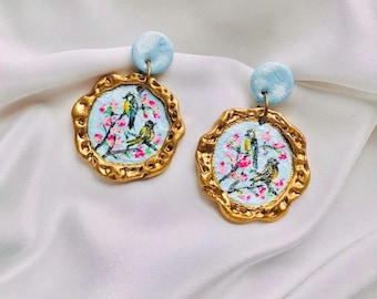 Hand-Painted Bird Tapestry Earrings, Boho Slavic Art