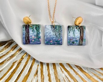 Monet Necklace Water Lilies Jewelry Set Hand-Painted Necklace Earrings Statement earrings Art lover gift Boho Earrings Gift for her