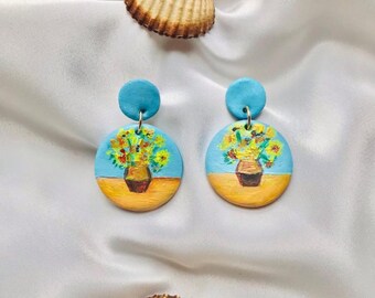Hand-Painted Van Gogh Sunflowers Polymer Clay Earrings